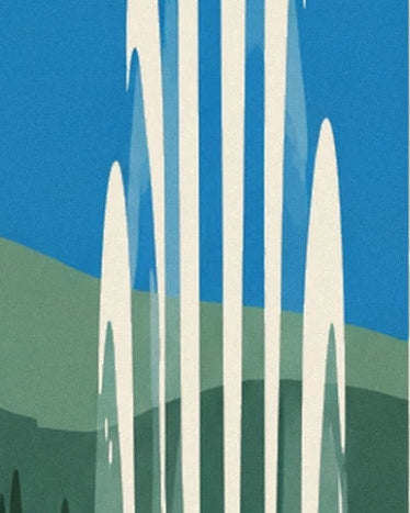 Tall white jets of water against a blue and green background