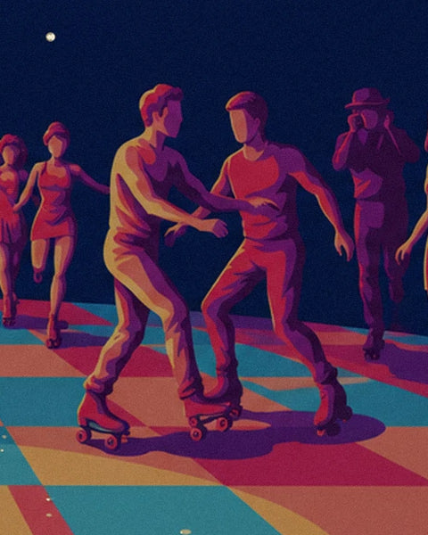 The 2 skaters facing each other in pink vests and roller skates
