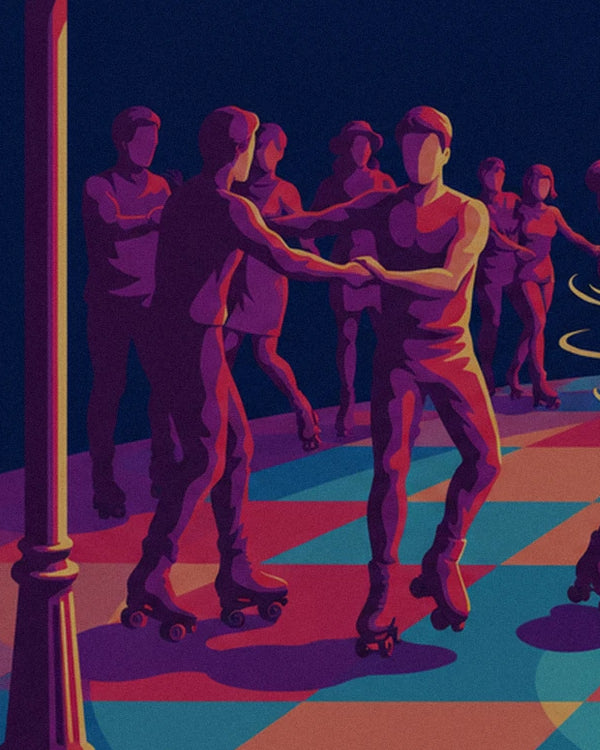 The pair of skaters in purple holding hands on the multicoloured disco floor