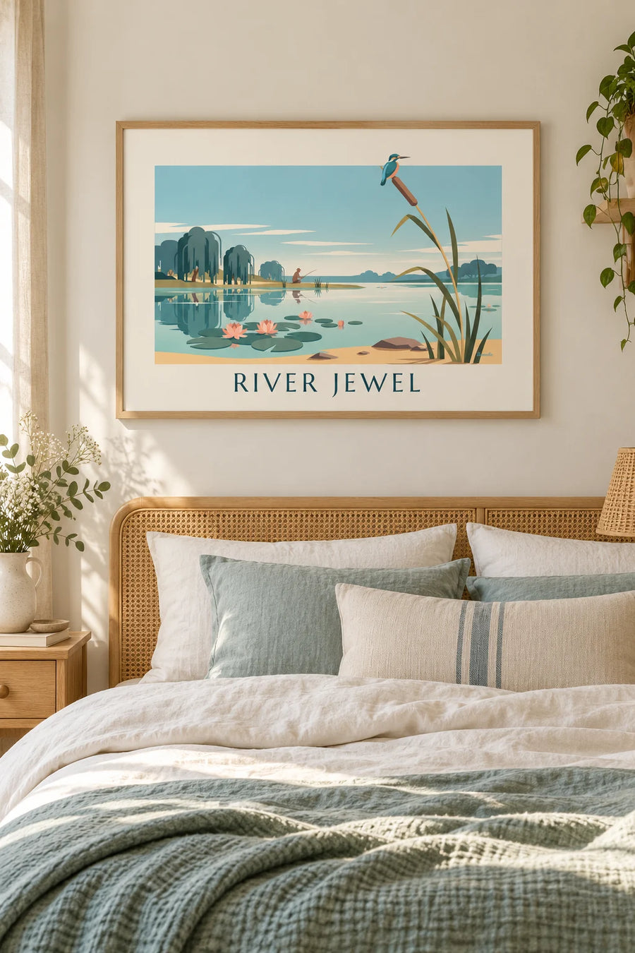 Póster martín pescador posado sobre una espadaña junto al estanque: enmarcado en la pared