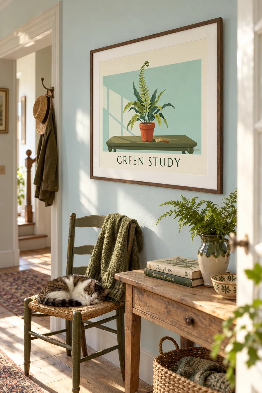 Affiche fougère en pot sur une table de botaniste : encadrée au mur