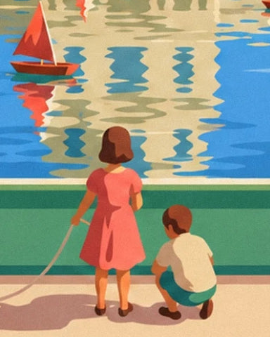 A little girl in a pink dress and a crouching boy beside the pond with colourful reflections