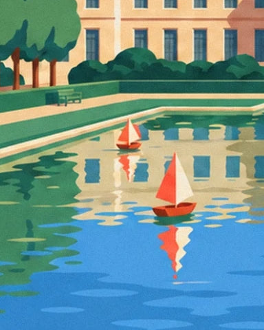 The 2 red and white sailing boats on the pond in front of the façade with golden reflections