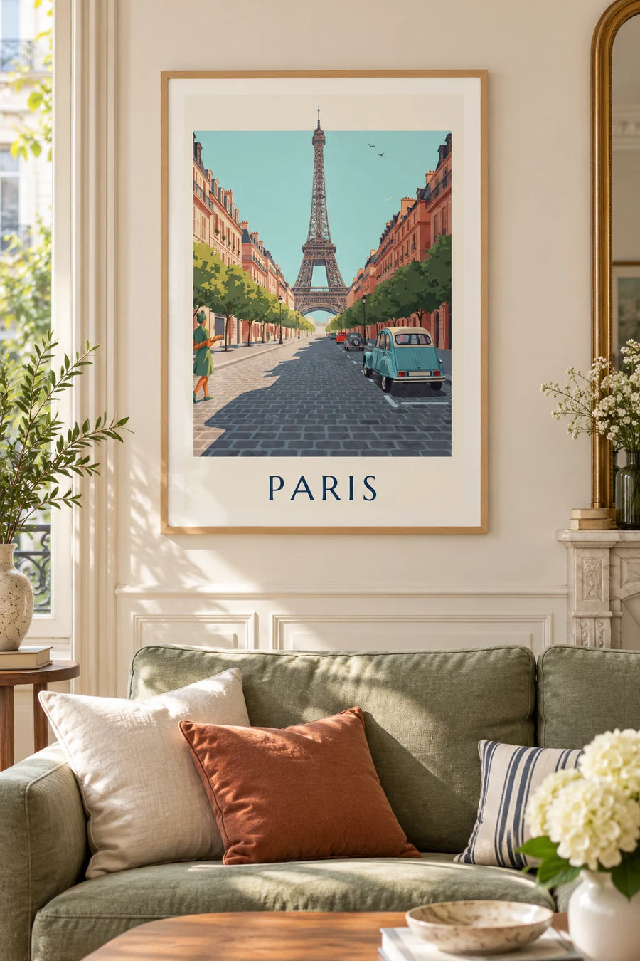 Póster de Citroën 2CV azul en una calle empedrada frente a la torre Eiffel: enmarcado en la pared