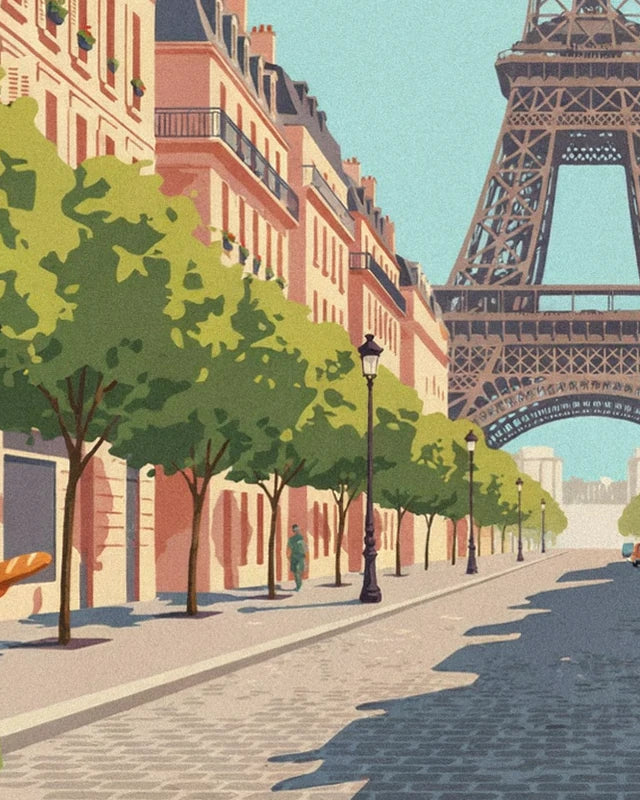 A cobbled avenue lined with green plane trees and pink buildings, beneath the tour Eiffel