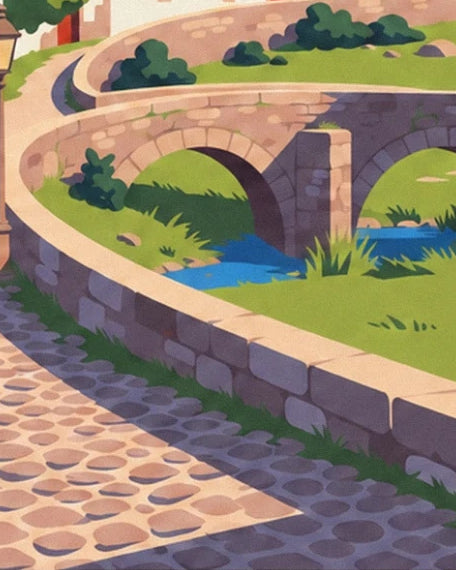 The arched stone bridge over the blue stream beside the cobbled path