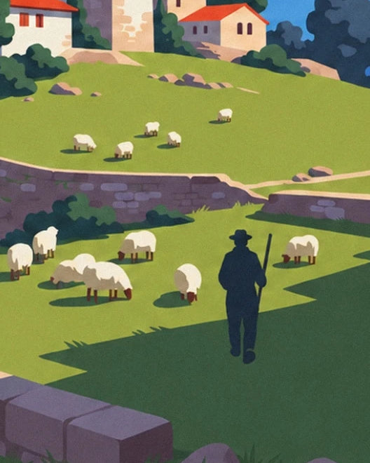 The shepherd with his hat and staff among the sheep in the lush green meadows