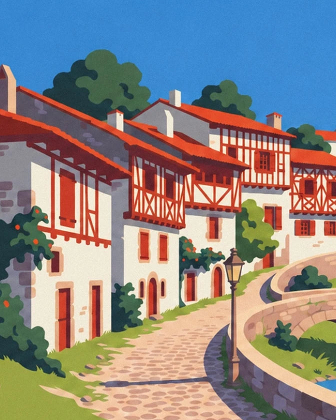 The Basque houses with red timber frames, the street lamp and the cobbled lane
