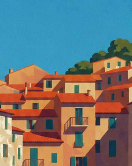 Ochre houses with orange tiled roofs and green shutters, rising in tiers beneath a blue sky