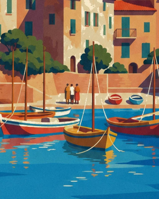 3 figures on the quay near red rowing boats and moored sailing boats