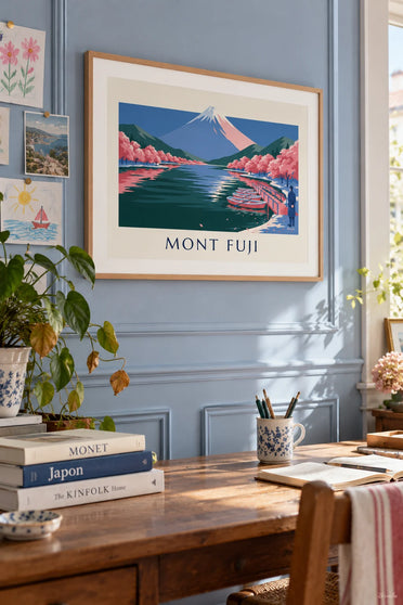 Póster del monte Fuji, cerezos en flor y barcas en el embarcadero: enmarcado en la pared