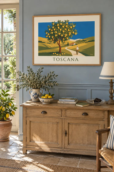 Póster de un limonero en un jardín de la Toscana bajo el sol: enmarcado en la pared