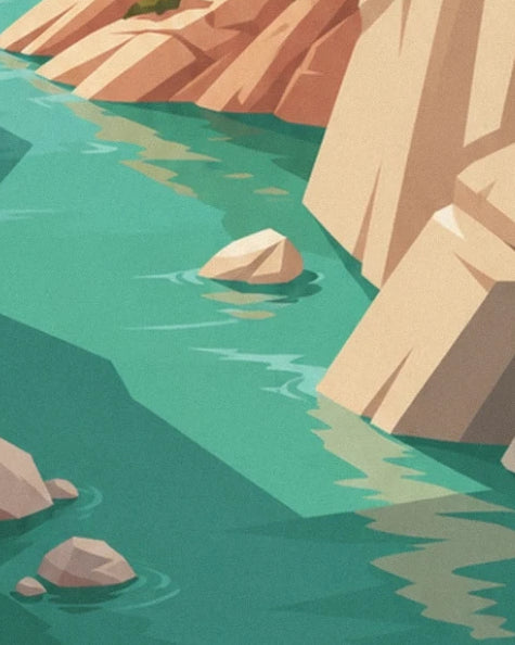 Las rocas en las aguas turquesa del Fier, entre sombras y reflejos de los acantilados