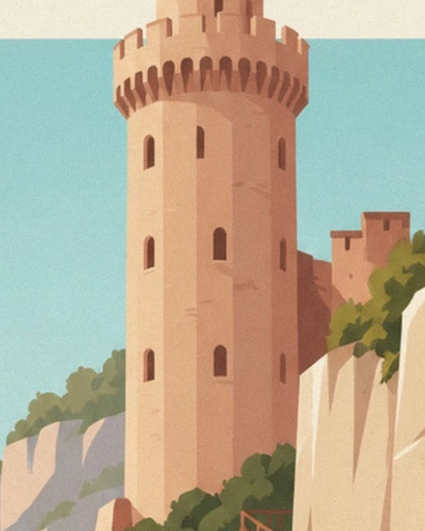 La torre almenada del castillo de Montrottier, entre cielo azul y follaje