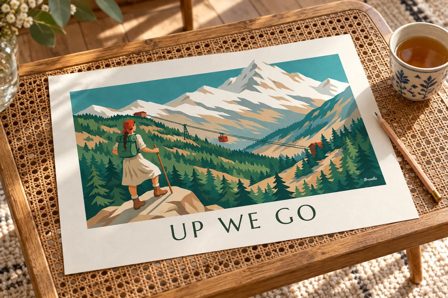 Póster excursionista frente a un teleférico y una montaña nevada: apoyado sobre una mesa
