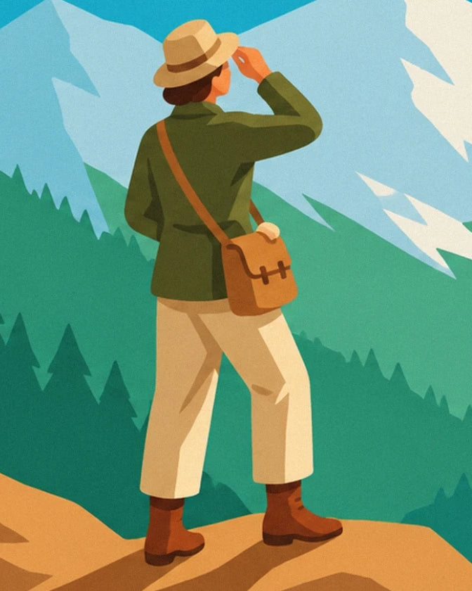 The hiker seen from behind, with a beige hat and shoulder bag, facing the mountains