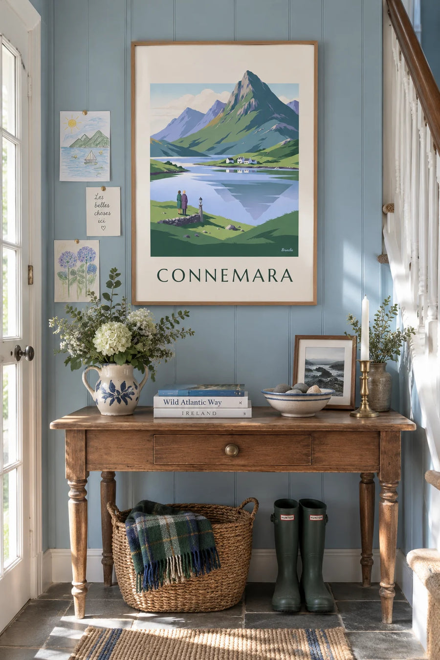 Affiche lac et cottages du Connemara en Irlande : encadrée au mur