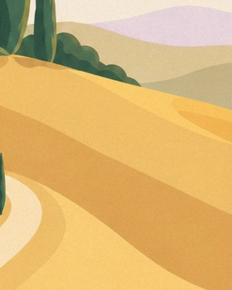 The curves of the golden hills, a winding path and distant mauve hills