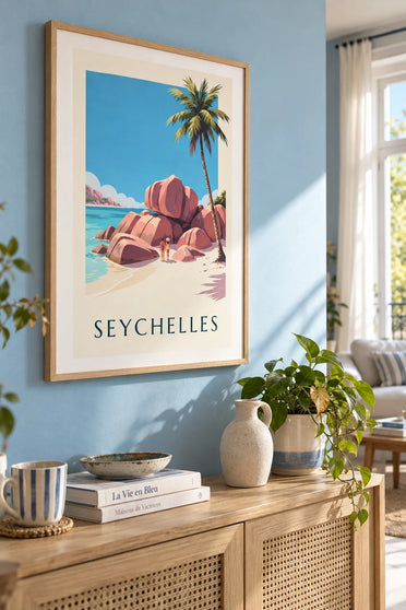 Póster de la cala Source d’Argent en La Digue, en las Seychelles: enmarcado en la pared
