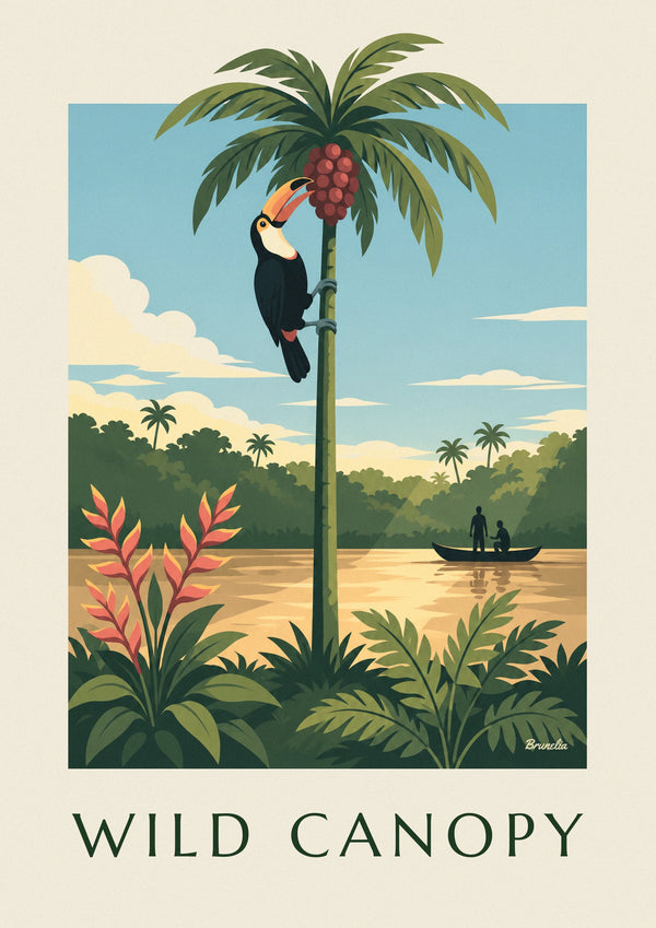 Affiche toucan sur un palmier au-dessus d'une rivière de la jungle