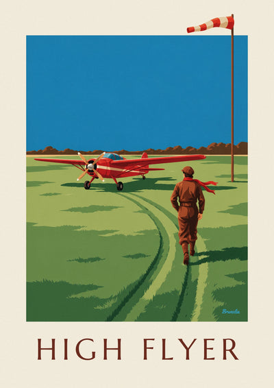 Póster de aviadora y avioneta de hélice roja en una pista de hierba: el póster completo