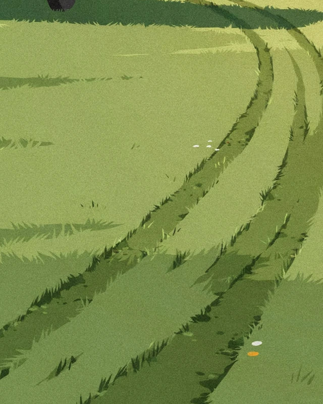 Les traces de roues qui courbent dans l'herbe verte de la piste, parsemée de petites fleurs blanches