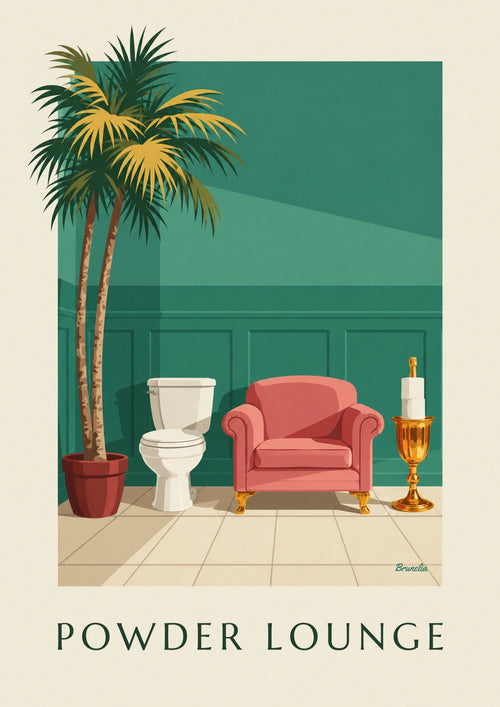 Humorous poster of a lounge-style powder room and toilet paper: the full poster