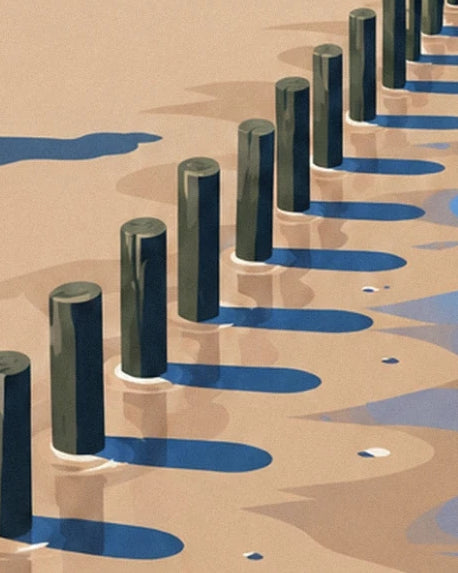 Les brise-lames en bois alignés sur le sable mouillé et leurs longues ombres bleues