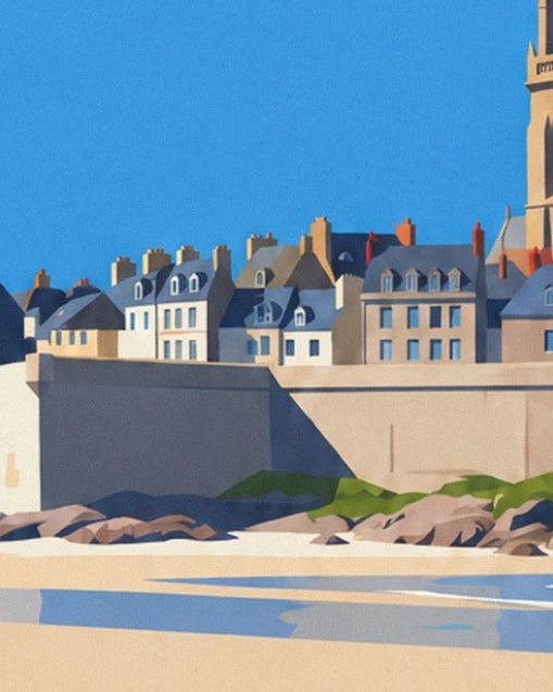 Les façades et toits d’ardoise de Saint-Malo derrière les remparts et les rochers