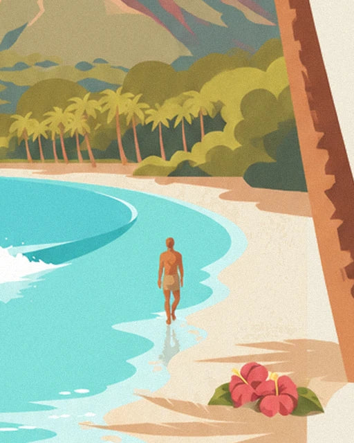 A bather walking along the water's edge, near pink hibiscus and palm trees