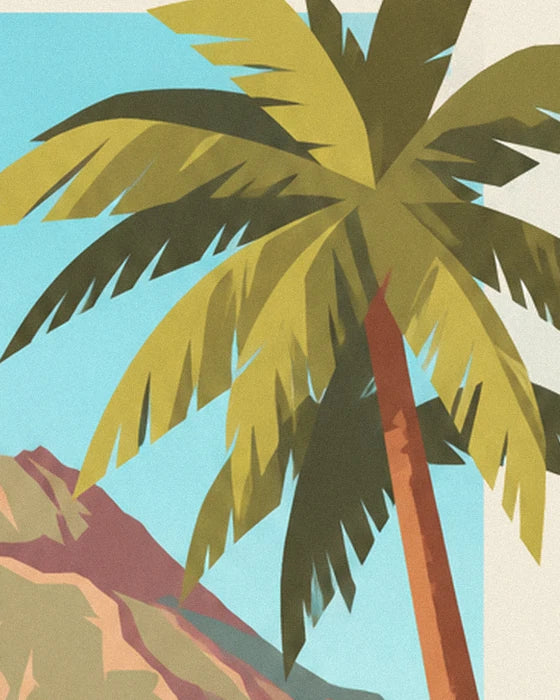 A tall palm tree with green fronds, with the pink mountain behind