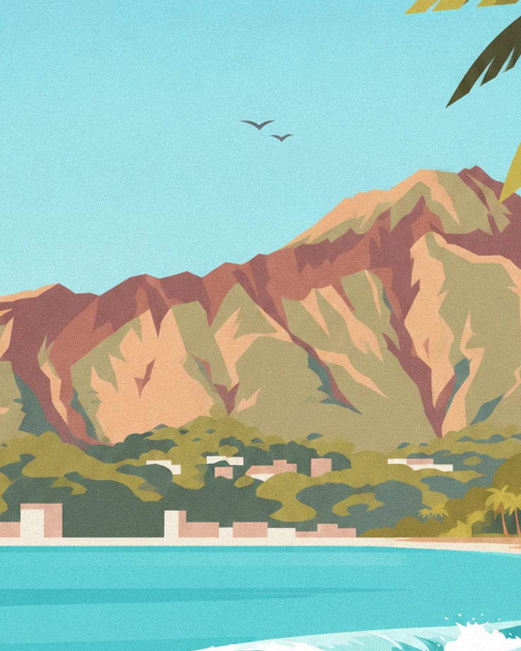 Diamond Head with rust and ochre slopes, and 2 birds in the clear sky