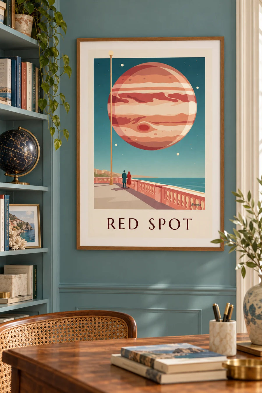 Póster del planeta Júpiter y su gran mancha roja en el cielo: enmarcado en la pared