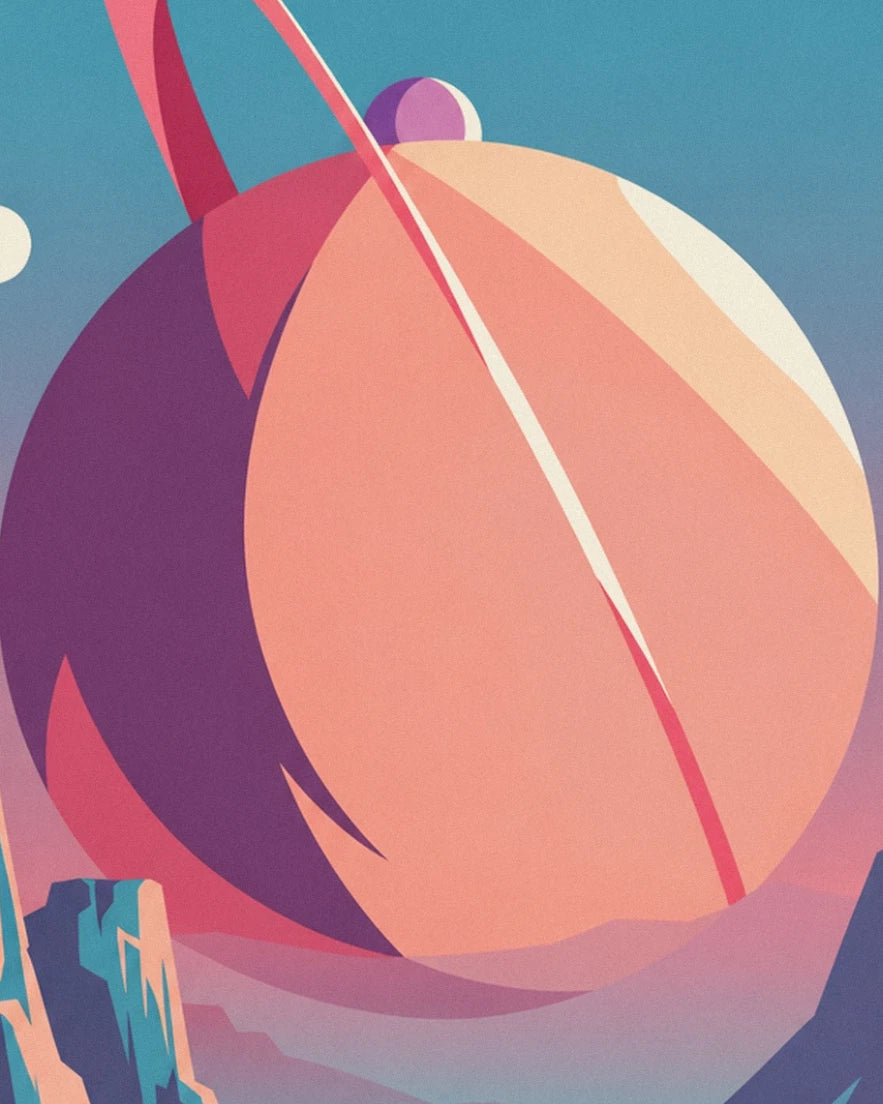 A pink and peach planet encircled by tilted rings against a turquoise background