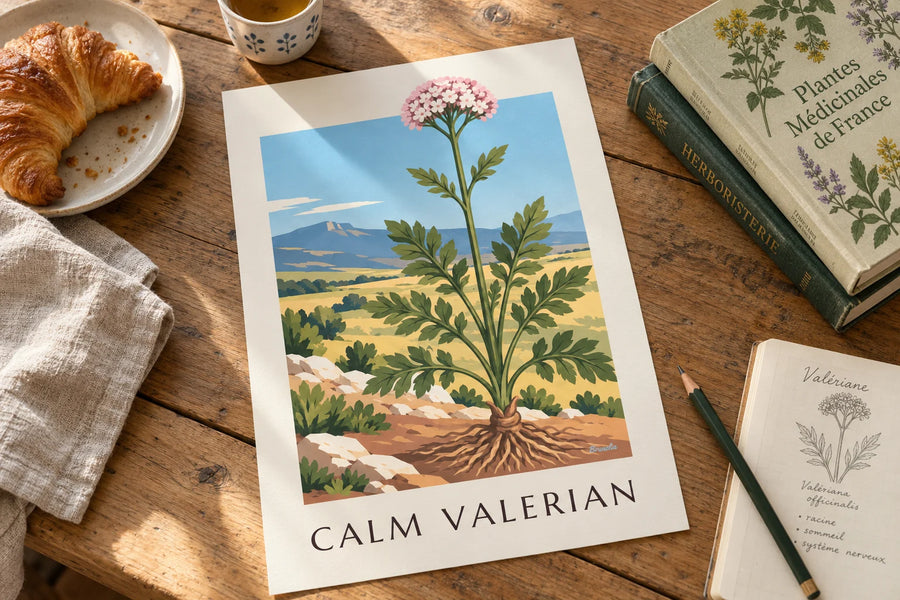 Póster de valeriana officinal, planta medicinal: sobre una mesa