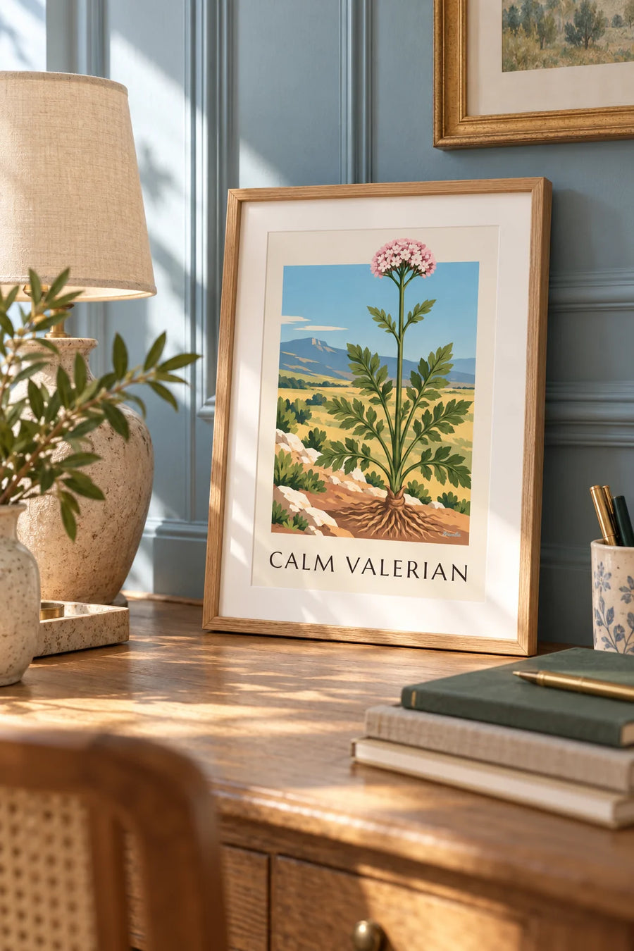 Póster valeriana officinalis, planta medicinal: formato pequeño A4 enmarcado
