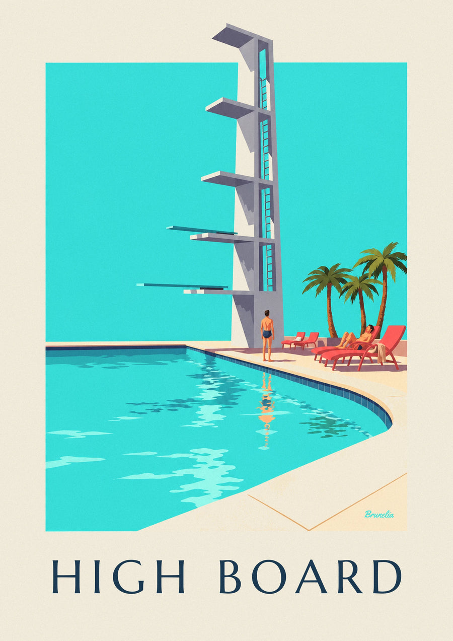 Outdoor pool diving board in the sun poster