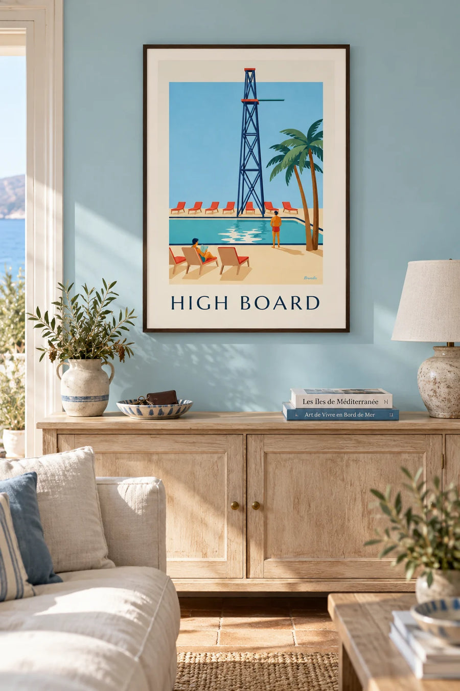 Poster of an outdoor pool diving board in the sun: framed on the wall