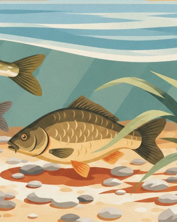 Une carpe aux écailles dorées et aux nageoires orangées parmi les herbes aquatiques