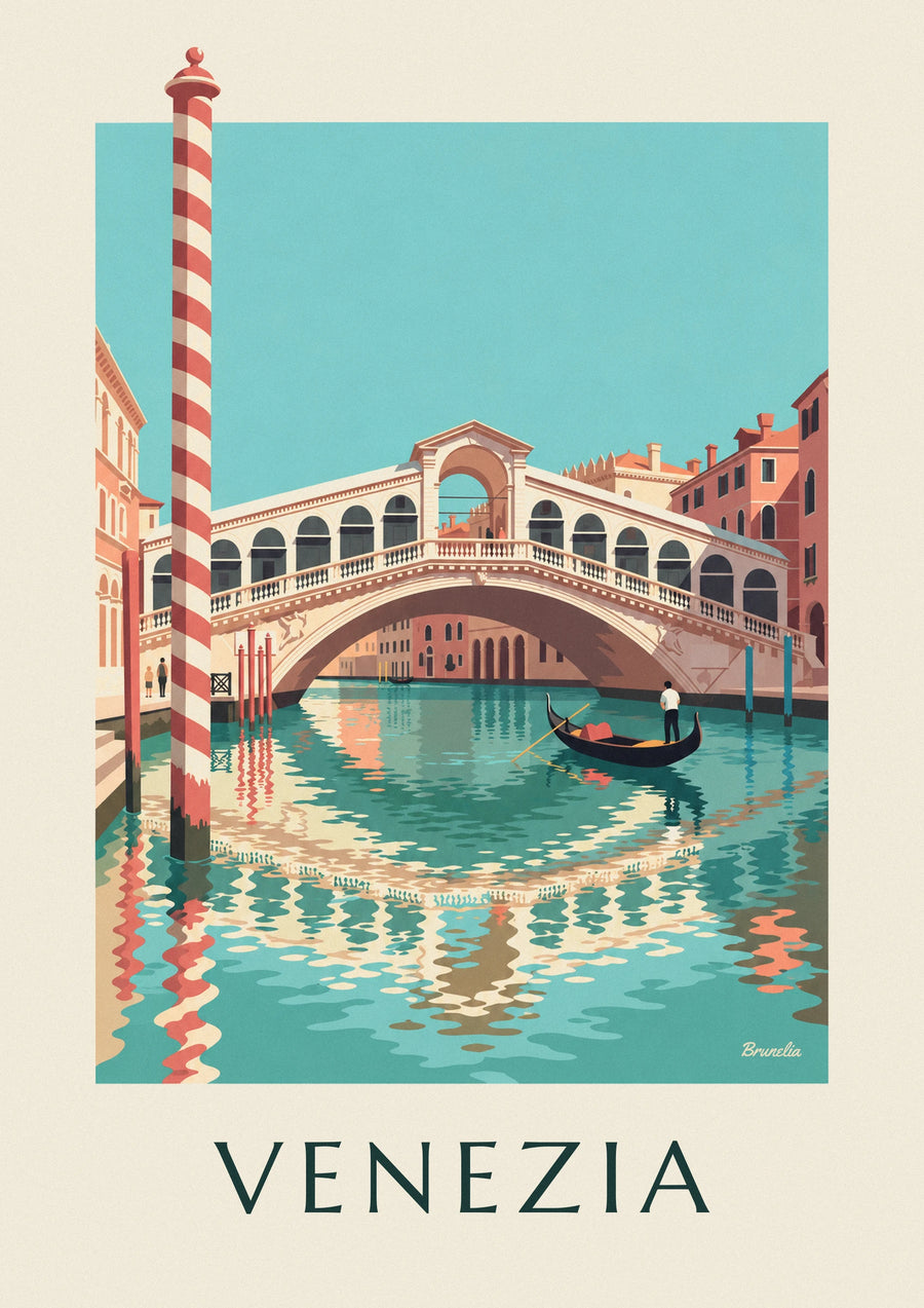 Póster del puente de Rialto y góndola en el Gran Canal de Venecia