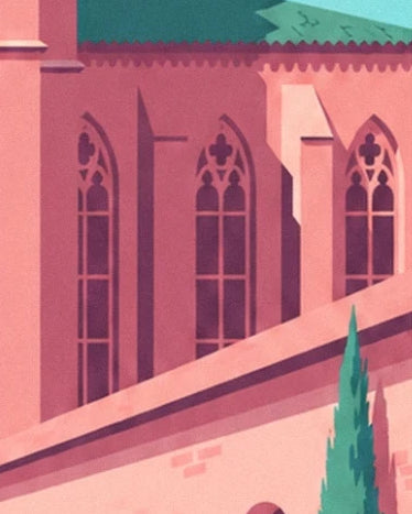 Les fenêtres gothiques de la façade rose, au-dessus du toit oblique du cloître