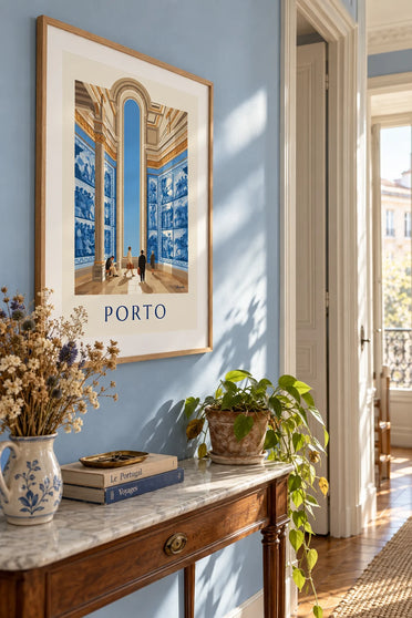 Póster de los azulejos de la estación de São Bento en Oporto: enmarcado en la pared