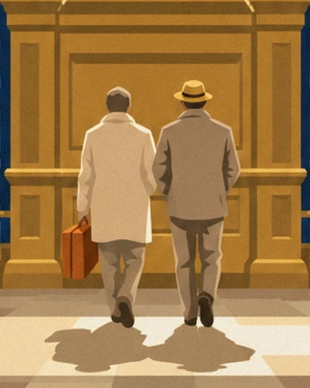 The 2 travellers seen from behind with a brown suitcase and a hat in front of the golden wood panelling