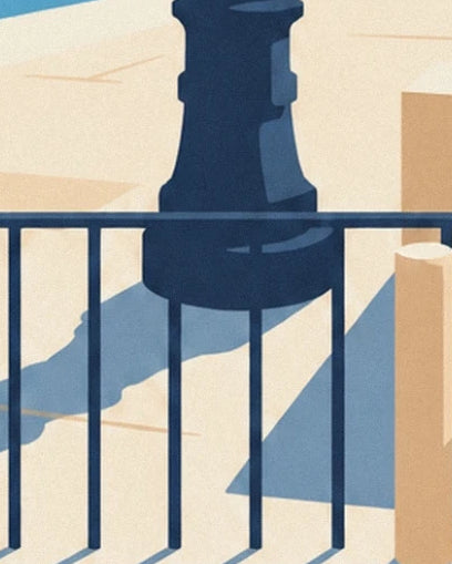 The dark railing in front of the street lamp base and the shadows on the quay