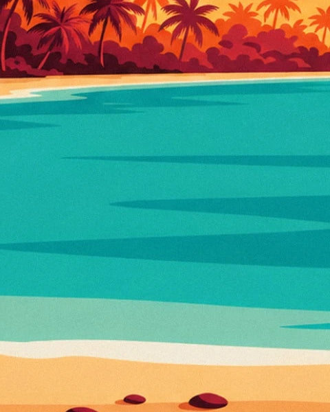 L’eau turquoise bordée de palmiers, avec des galets rouges sur la plage