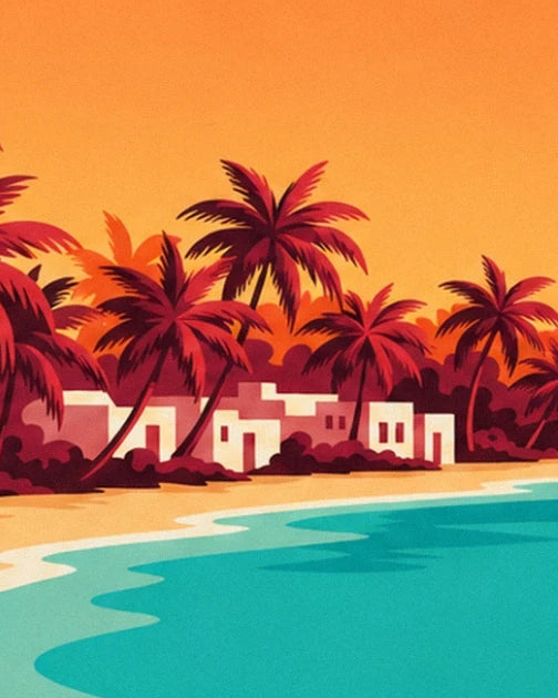 Les maisons blanches de Zanzibar entre palmiers rouges et plage dorée