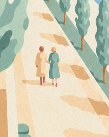 Les 2 promeneuses en manteaux ocre et vert sur une allée bordée d’arbres