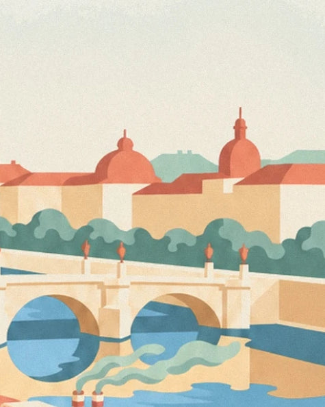 Le pont aux arches reflétées dans le Danube, devant les coupoles orangées