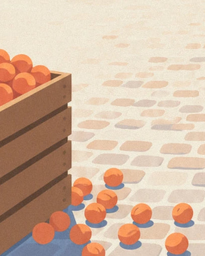 Les fruits orangés éparpillés sur les pavés au pied des cagettes en bois