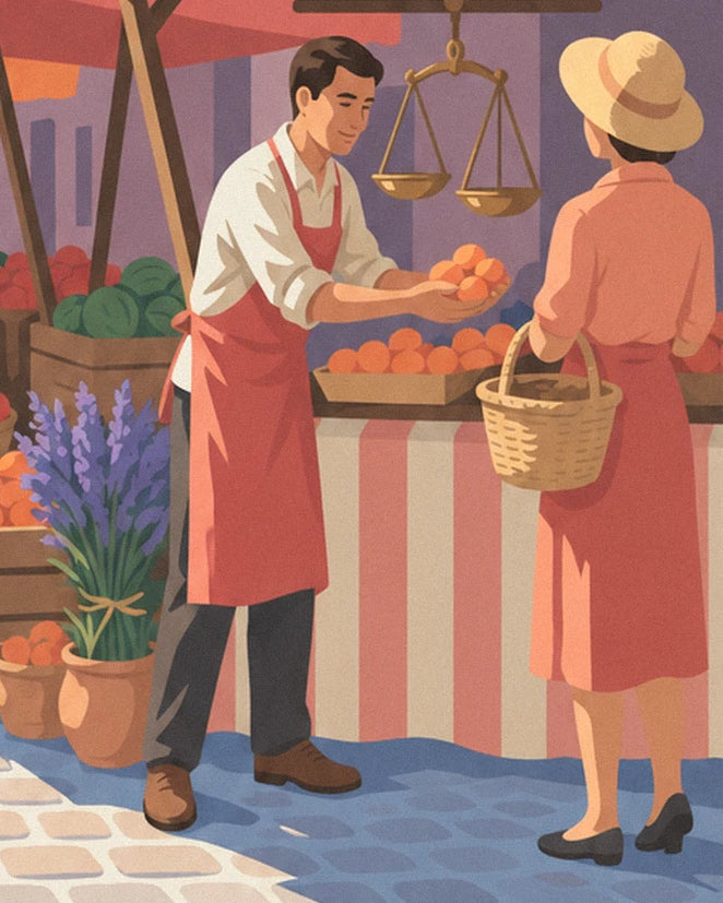 Le marchand en tablier rouge, ses abricots et la cliente au panier tressé